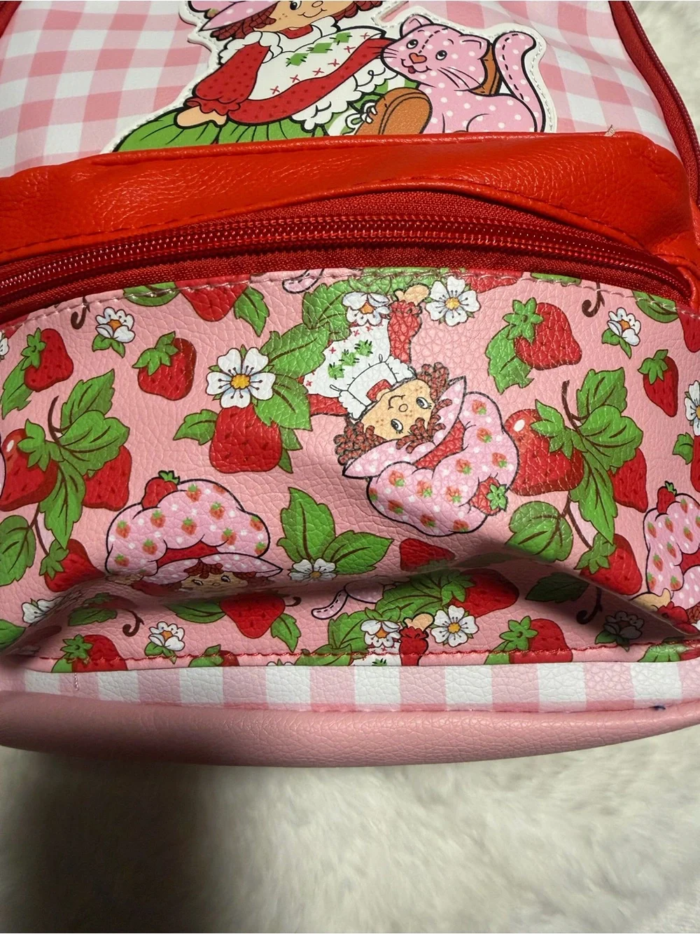 Pink Strawberry Print Kids Backpack with Red Accent